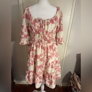 Liberty Love cream pink floral fit & flare crepe ss ruffled mini dress Size XL.